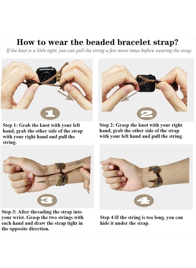 Braided Boho Bracelets Compatible with Apple Watch Band 41mm 40mm 38mm,Women Handmade Woven Dressy Beaded Adjustable Drawstring Bohemian Watch Strap for iWatch SE Series 9 8 7 6 5 4 3 2 1