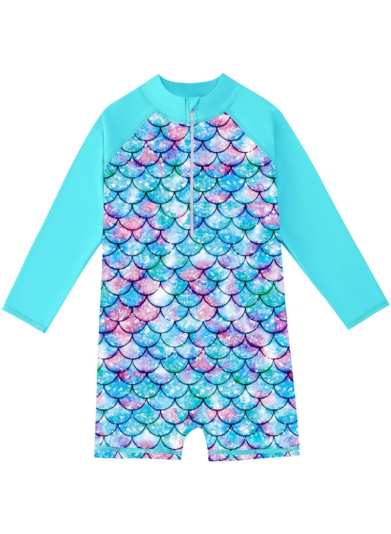 Loquat Girls' long-sleeve for sun protection and surfing mermaid One Piece swimsuit Blue/Green - Image 1