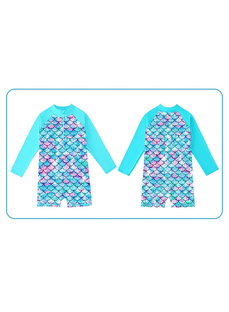 Loquat Girls' long-sleeve for sun protection and surfing mermaid One Piece swimsuit Blue/Green - Image 3