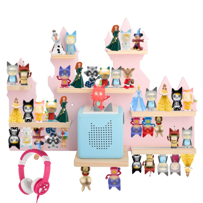 Taladad for Toniebox 2 and Toniebox 1 Tonie Shelf Wall Mounted Set,Tonies Figures Tonies Storage,Magnetic Wooden Floating Shelves Compatible with Tonie box Player Character for Children Room (pink-castles) - Image 1