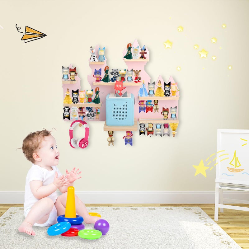 Taladad for Toniebox 2 and Toniebox 1 Tonie Shelf Wall Mounted Set,Tonies Figures Tonies Storage,Magnetic Wooden Floating Shelves Compatible with Tonie box Player Character for Children Room (pink-castles) - Image 2