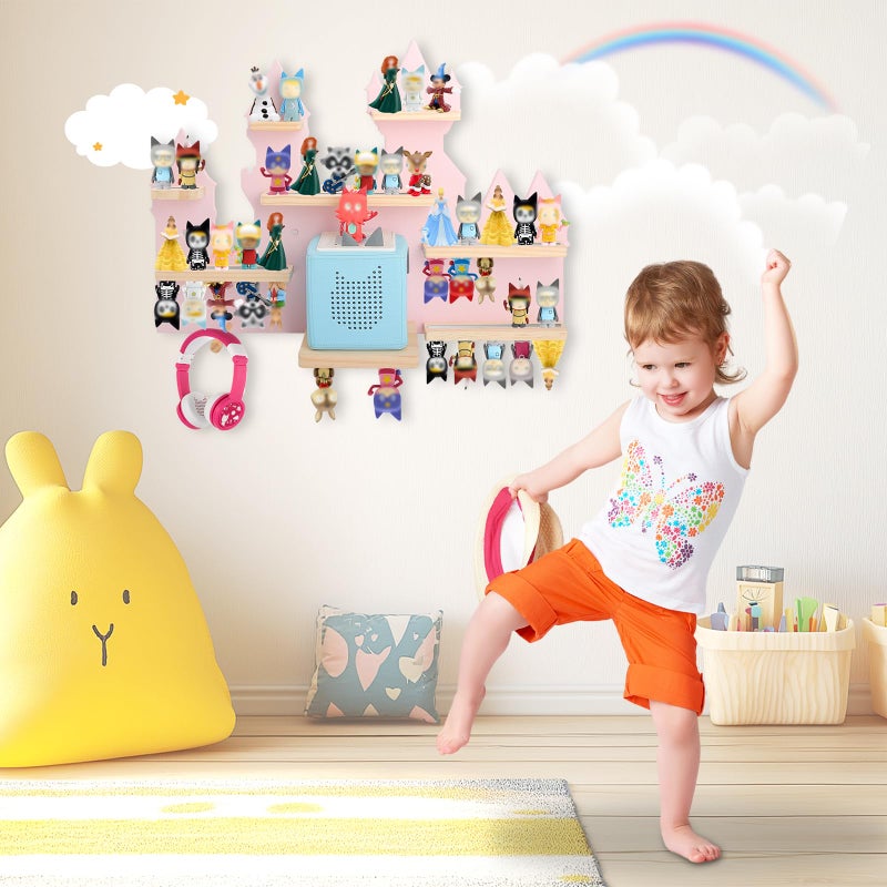 Taladad for Toniebox 2 and Toniebox 1 Tonie Shelf Wall Mounted Set,Tonies Figures Tonies Storage,Magnetic Wooden Floating Shelves Compatible with Tonie box Player Character for Children Room (pink-castles) - Image 4