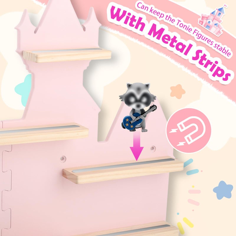 Taladad for Toniebox 2 and Toniebox 1 Tonie Shelf Wall Mounted Set,Tonies Figures Tonies Storage,Magnetic Wooden Floating Shelves Compatible with Tonie box Player Character for Children Room (pink-castles) - Image 3