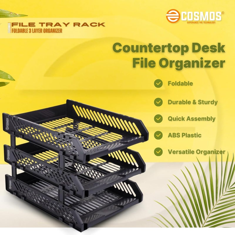 E-COSMOS Store ® File Tray Rack ABS Plastics | Foldable Office Desk Accessories | Durable & Sturdy | Easy Assembly | Efficient Organizer | Plastic Office Stationery Files Layer Rack (3 Layer) - Image 3