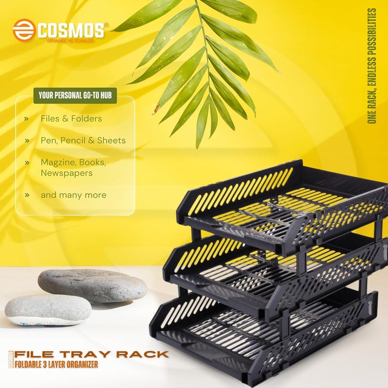 E-COSMOS Store ® File Tray Rack ABS Plastics | Foldable Office Desk Accessories | Durable & Sturdy | Easy Assembly | Efficient Organizer | Plastic Office Stationery Files Layer Rack (3 Layer) - Image 4