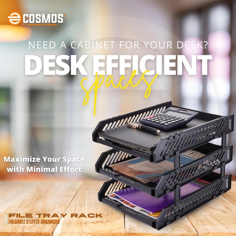E-COSMOS Store ® File Tray Rack ABS Plastics | Foldable Office Desk Accessories | Durable & Sturdy | Easy Assembly | Efficient Organizer | Plastic Office Stationery Files Layer Rack (3 Layer) - Image 2