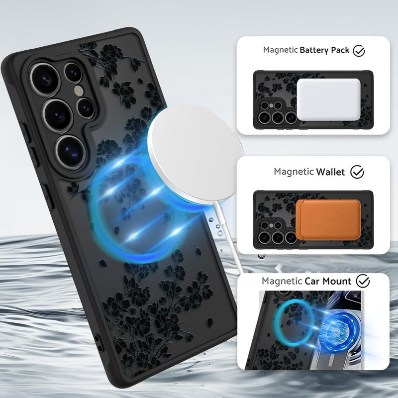 OOK Case Fit for Samsung Galaxy S25 Ultra 6.9 Inch (Wireless Charging Compatible) Black Floral Flowers Design Translucent Phone Cover Soft TPU + Hard PC Anti-Scratch Shockproof Magnetic Case for Women - Image 2