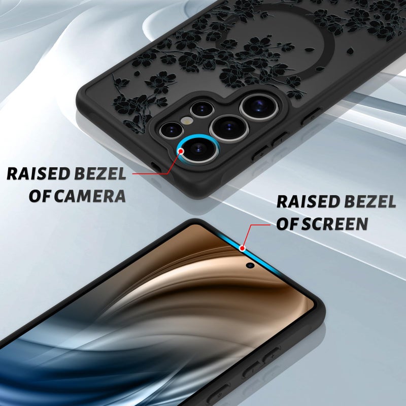 OOK Case Fit for Samsung Galaxy S25 Ultra 6.9 Inch (Wireless Charging Compatible) Black Floral Flowers Design Translucent Phone Cover Soft TPU + Hard PC Anti-Scratch Shockproof Magnetic Case for Women - Image 3