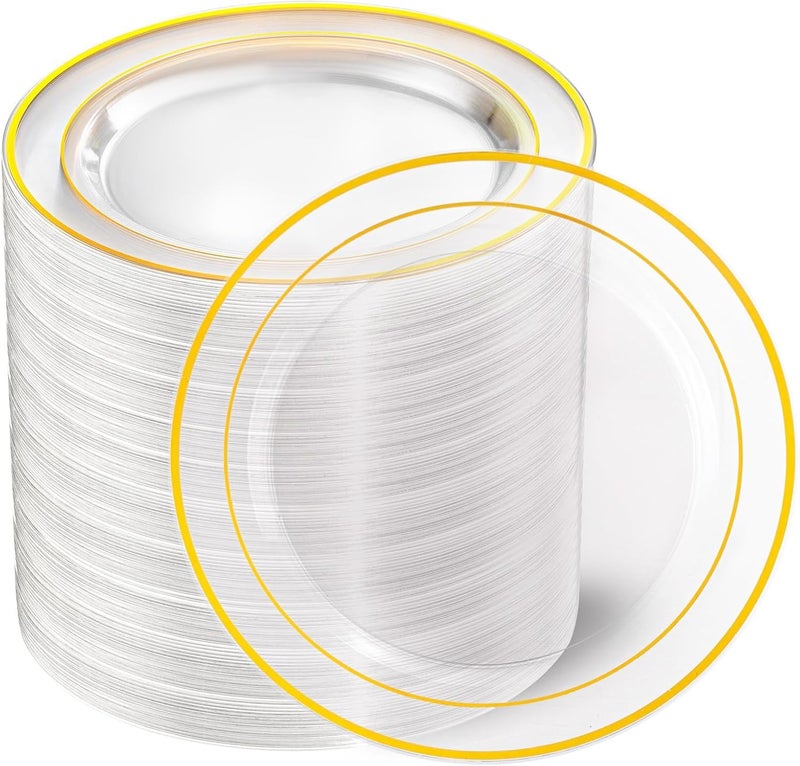 I00000 100PCS Clear Gold Plastic Plates Clear Dinner Plates with Gold Rim 10 Inch Fancy Disposable Wedding Premium Plastic Plate for Wedding Party