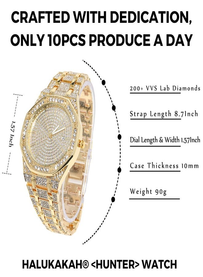 Halukakah Diamonds Gold Watch Iced Out,Men's 18K Real Gold Plated 40MM Width Octagonal Round Dial Quartz Wristband 8.7",Free Giftbox, Gold Plated Watch, Traditional - Image 4