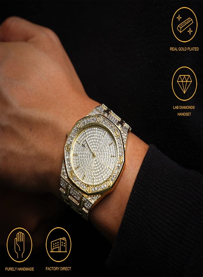 Halukakah Diamonds Gold Watch Iced Out,Men's 18K Real Gold Plated 40MM Width Octagonal Round Dial Quartz Wristband 8.7",Free Giftbox, Gold Plated Watch, Traditional - Image 2