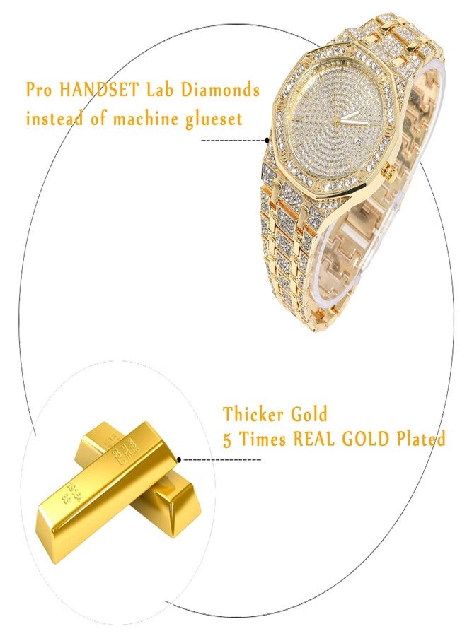 Halukakah Diamonds Gold Watch Iced Out,Men's 18K Real Gold Plated 40MM Width Octagonal Round Dial Quartz Wristband 8.7",Free Giftbox, Gold Plated Watch, Traditional - Image 3
