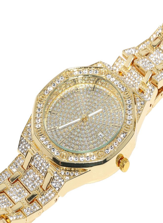 Halukakah Diamonds Gold Watch Iced Out,Men's 18K Real Gold Plated 40MM Width Octagonal Round Dial Quartz Wristband 8.7",Free Giftbox, Gold Plated Watch, Traditional - Image 5
