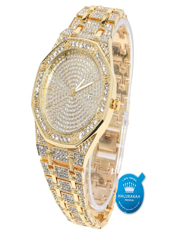 Halukakah Diamonds Gold Watch Iced Out,Men's 18K Real Gold Plated 40MM Width Octagonal Round Dial Quartz Wristband 8.7",Free Giftbox, Gold Plated Watch, Traditional - Image 1