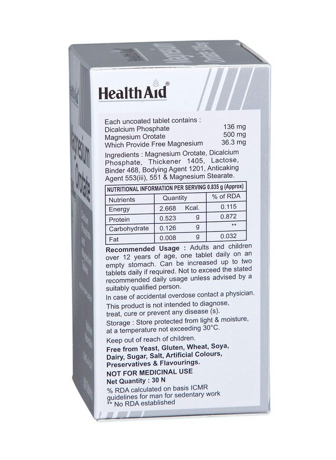 Health Aid - Health Aid Healthaid Magnesium Orotate - 30 Vegetarian Tablets|Superior Absorption Formula|Magnesium Supplement For Healthy Bones, Teeth, Nerve System |Yeast&Gluten Free - Image 1