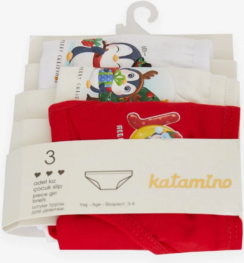 كاتامينو Girls Slip 3-Piece Christmas Themed Cute Penguin Printed 1-10 Years Old, Mixed Colors