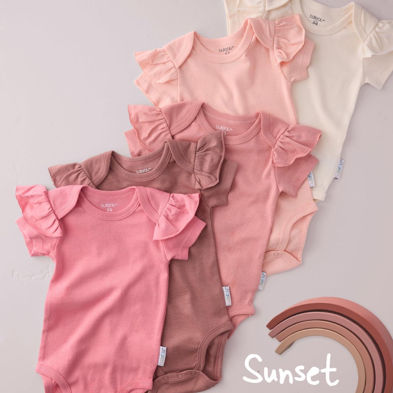 Butterblu Rory 5-Pack Short Sleeve Ruffle Shoulder Bodysuits 100% Organic Cotton for Baby Girls, Sunset, Newborn - Image 1