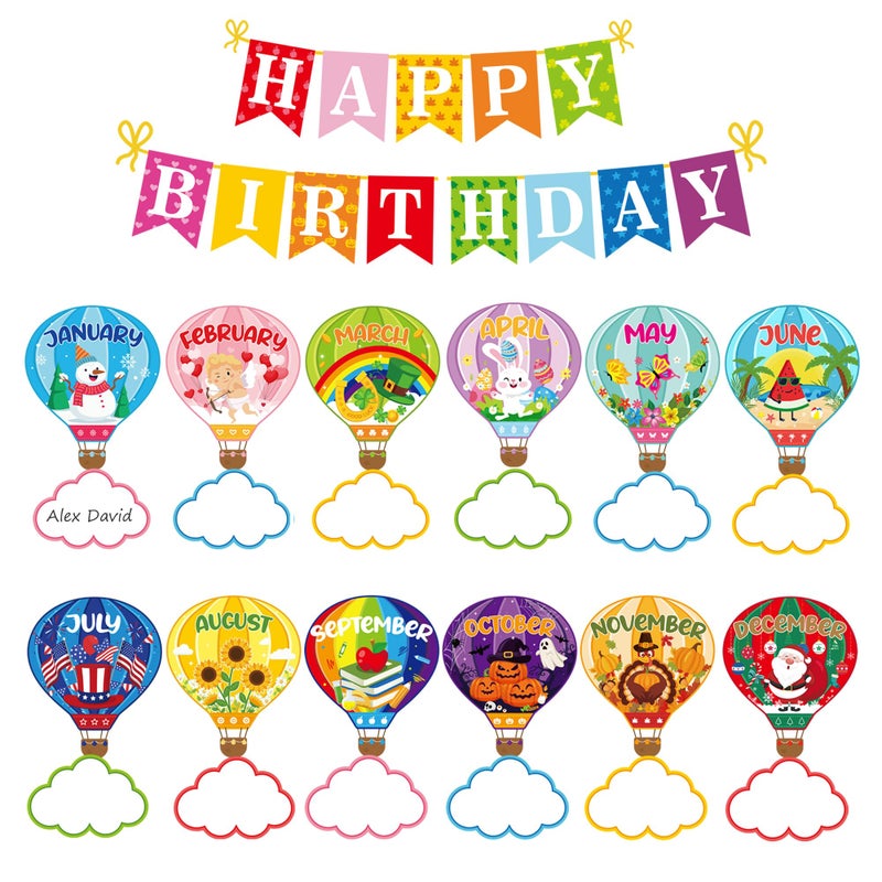 Mindoub Hot Air Balloon Happy Birthday Bulletin Board Cute Holiday Birthday Board Sign Let's Celebrate Birthday Hot Air Balloon Accents Cutouts for Calendars Festival Bulletin Boards Wall Classrooms Decor - Image 1