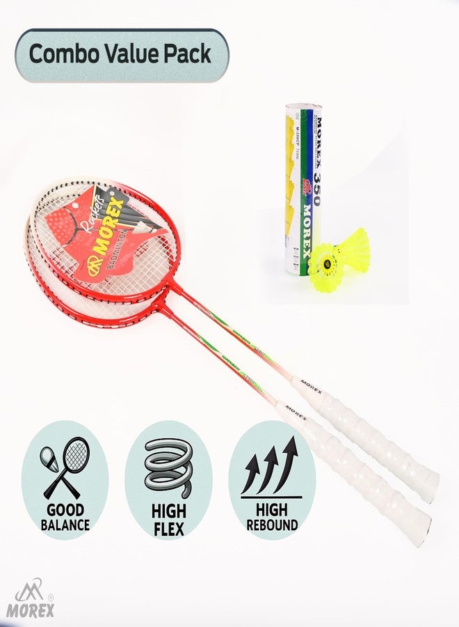 MOVEX Morex Aluminium Badminton Racket [ Set of 2 ] with 6 Nylon Shuttlecocks | Lightweight Wide Body Shuttle Bats with Full Cover Bag | Comfortable Grip Handle for Practice & Match Play Combo Pack (Red) - Image 3
