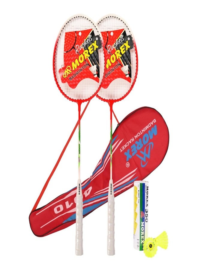 MOVEX Morex Aluminium Badminton Racket [ Set of 2 ] with 6 Nylon Shuttlecocks | Lightweight Wide Body Shuttle Bats with Full Cover Bag | Comfortable Grip Handle for Practice & Match Play Combo Pack (Red) - Image 1