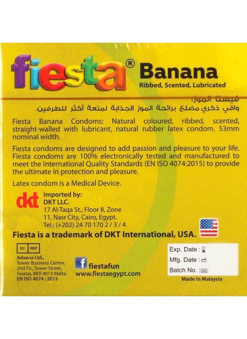 FIESTA - Fiesta Banana Condoms  Ribbed & Flavored 3 Pcs - Image 1