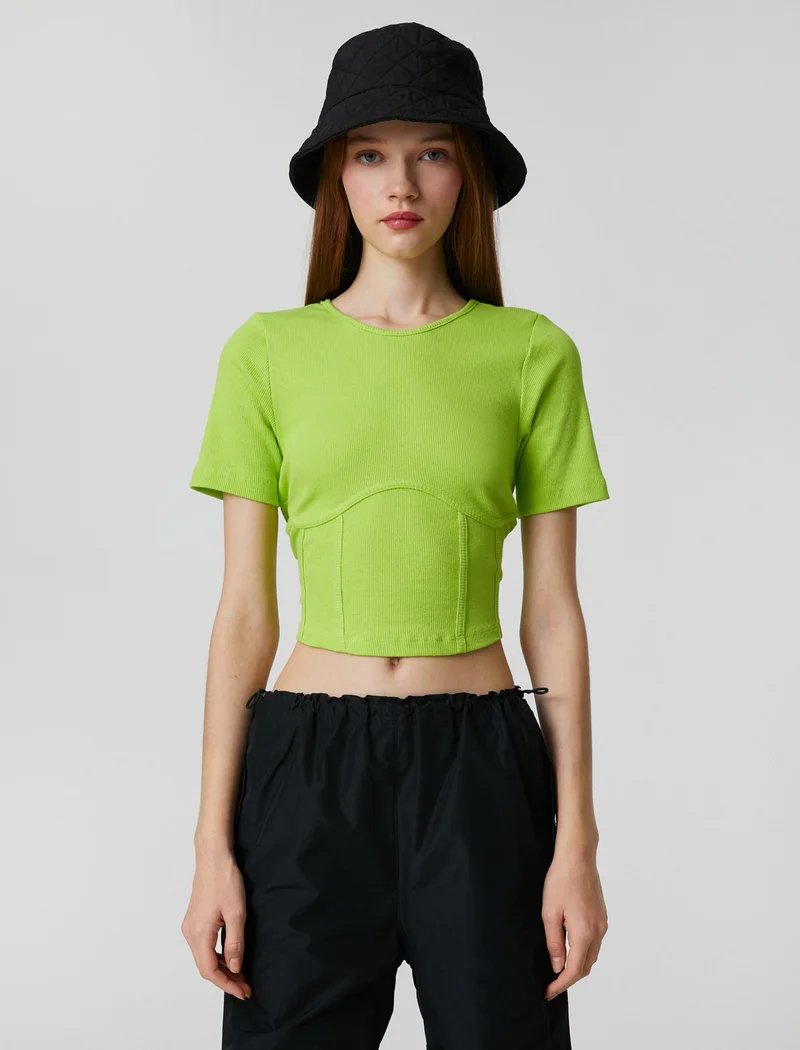 KOTON Crop T-Shirt Short Sleeve Corseted Crew Neck Slim Cut