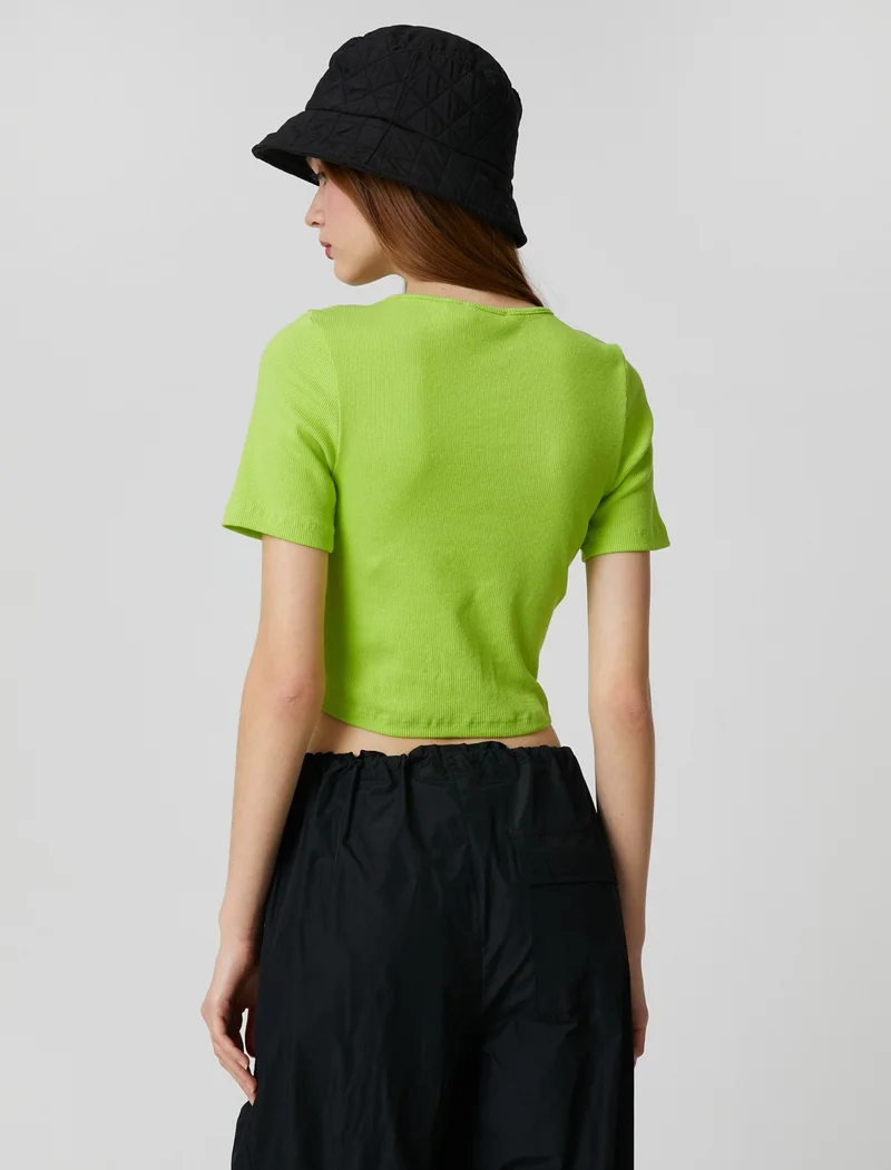 KOTON Crop T-Shirt Short Sleeve Corseted Crew Neck Slim Cut