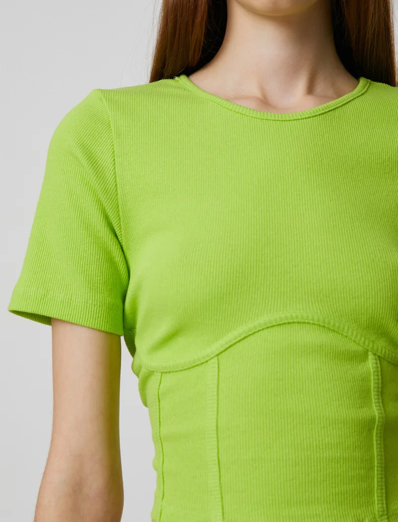 KOTON Crop T-Shirt Short Sleeve Corseted Crew Neck Slim Cut