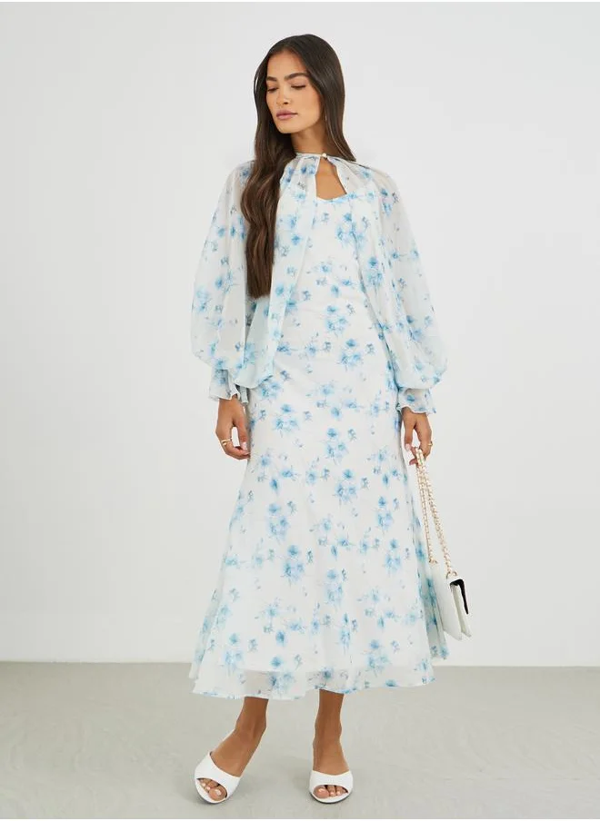 ستايلي Styli Floral Print Strappy A-Line Midi Dress with Cape Jacket