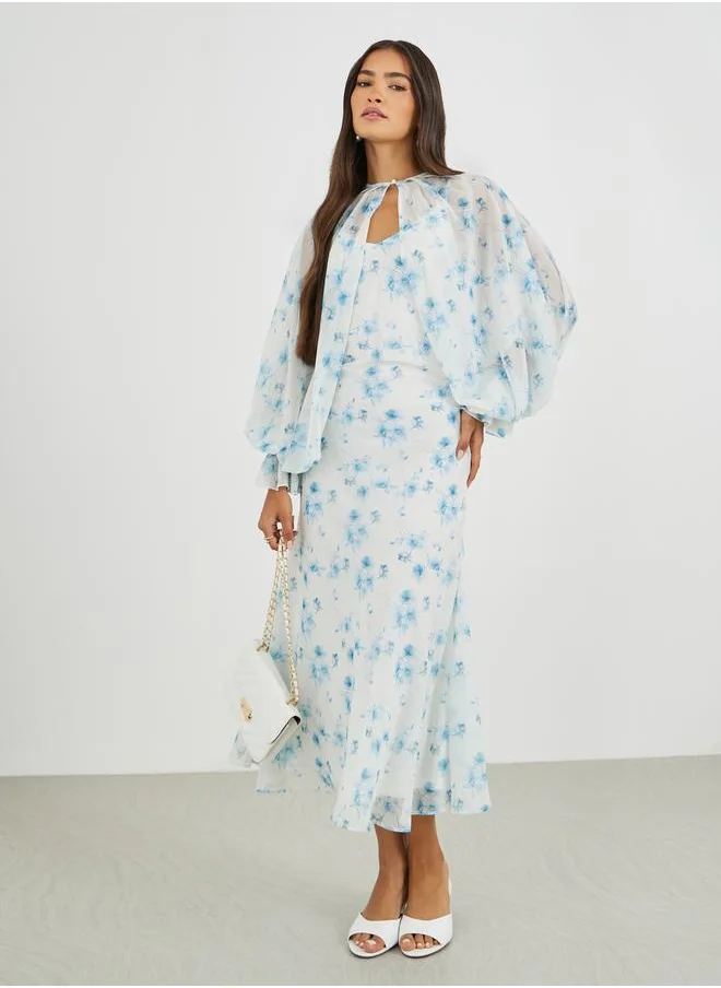 ستايلي Styli Floral Print Strappy A-Line Midi Dress with Cape Jacket