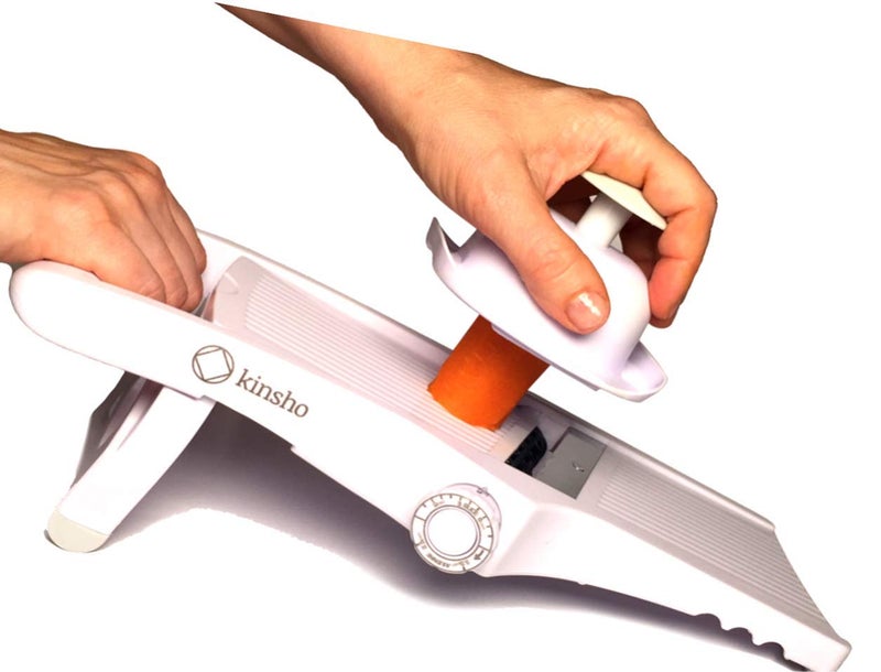 Kinsho Mandolin Slicer Adjustable Mandoline  Best HandHeld Cutter for Vegetable Potato Zucchini Food  Professional Steel Blade  Safe Finger Guard  9in1 Japanese Design White