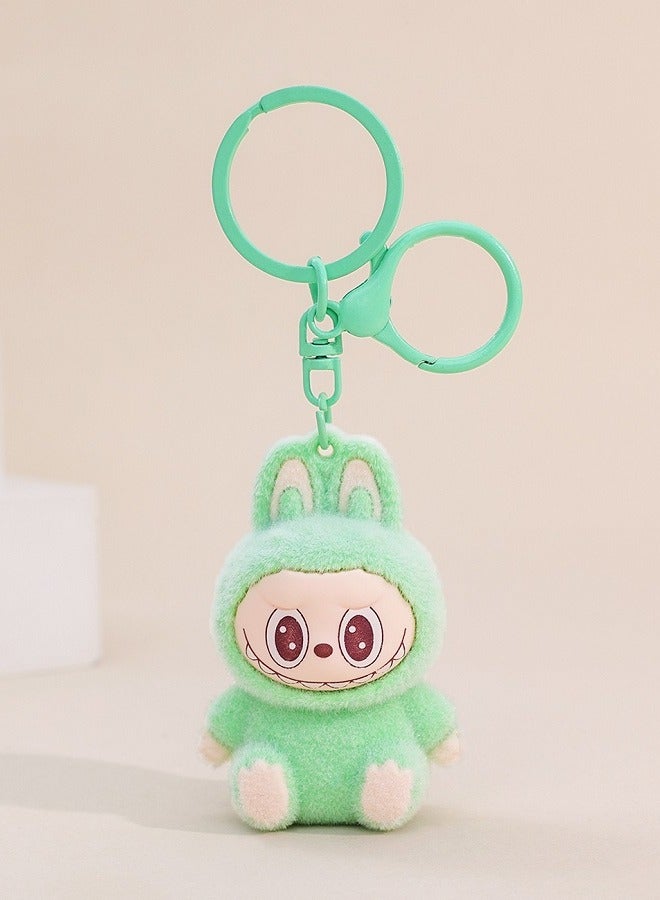 Flocked Keychain Charm, Cute - Labubu - Plush Bag Accessory, Green Mini Figure, Creative Gift For Boys Girls Kids Birthday