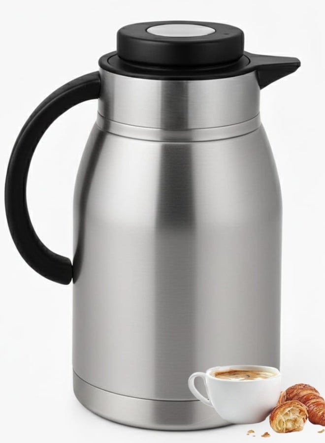 Happy Home Stainless Steel Thermal Coffee Carafe, 2 Liter Tea and Coffee Dispenser Jug, Double Walled Vacuum Insulated Thermos Teapot for Keeping Your Drink Hot (Silver) - Image 1