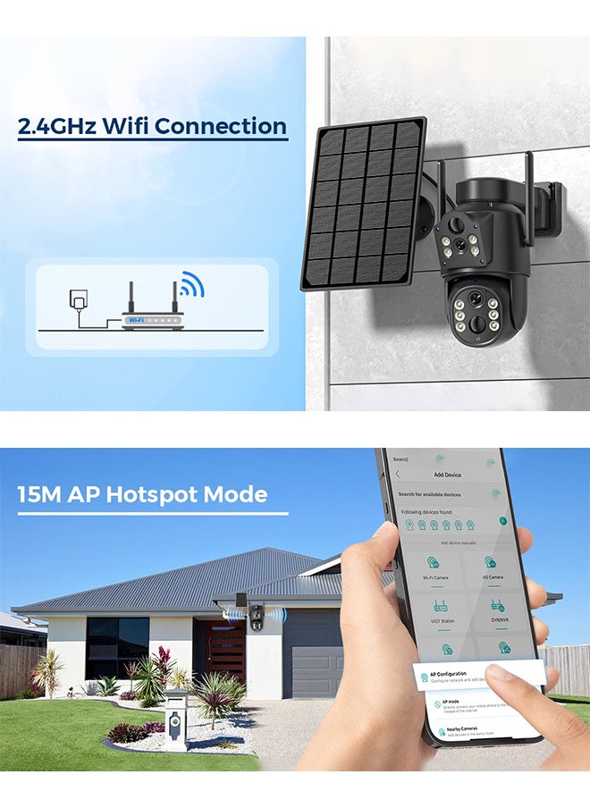 8MP Solar Camera WIFI Sim PTZ Cameras Outdoor Dual Lens IP Camara Solar Panel CCTV Security Built in Battery PIR Cam (With 128GB SD Card)