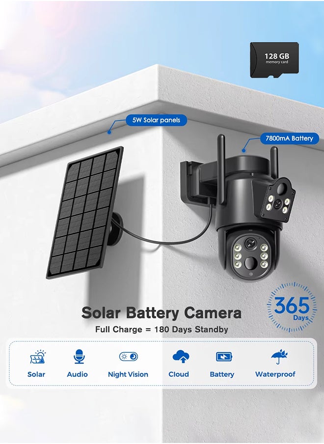8MP Solar Camera WIFI Sim PTZ Cameras Outdoor Dual Lens IP Camara Solar Panel CCTV Security Built in Battery PIR Cam (With 128GB SD Card)