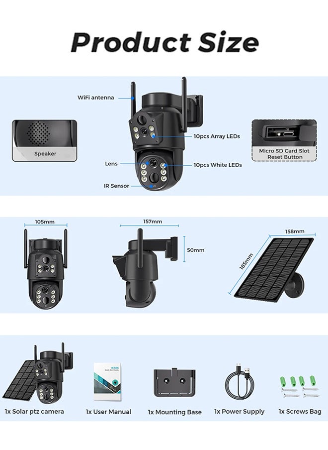8MP Solar Camera WIFI Sim PTZ Cameras Outdoor Dual Lens IP Camara Solar Panel CCTV Security Built in Battery PIR Cam (With 128GB SD Card)