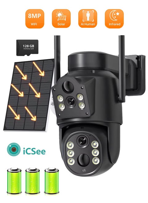 8MP Solar Camera WIFI Sim PTZ Cameras Outdoor Dual Lens IP Camara Solar Panel CCTV Security Built in Battery PIR Cam (With 128GB SD Card)