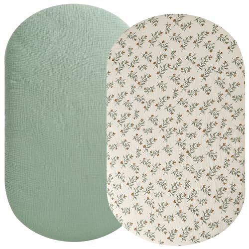 Fadacudan Muslin Bassinet Sheet Compatible with UPPAbaby Bassinet, 2 Pack Cotton Stylish Boho Fitted Bassinet Sheets Super Soft for Baby Roman Green & Botanical Leaf - Image 1