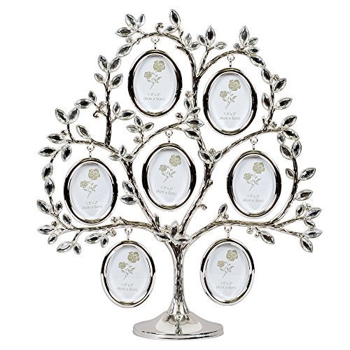 Roman Family Tree Jeweled Silver Finish Metal 11 x 3 Collage Photo Frame Stand - Image 1