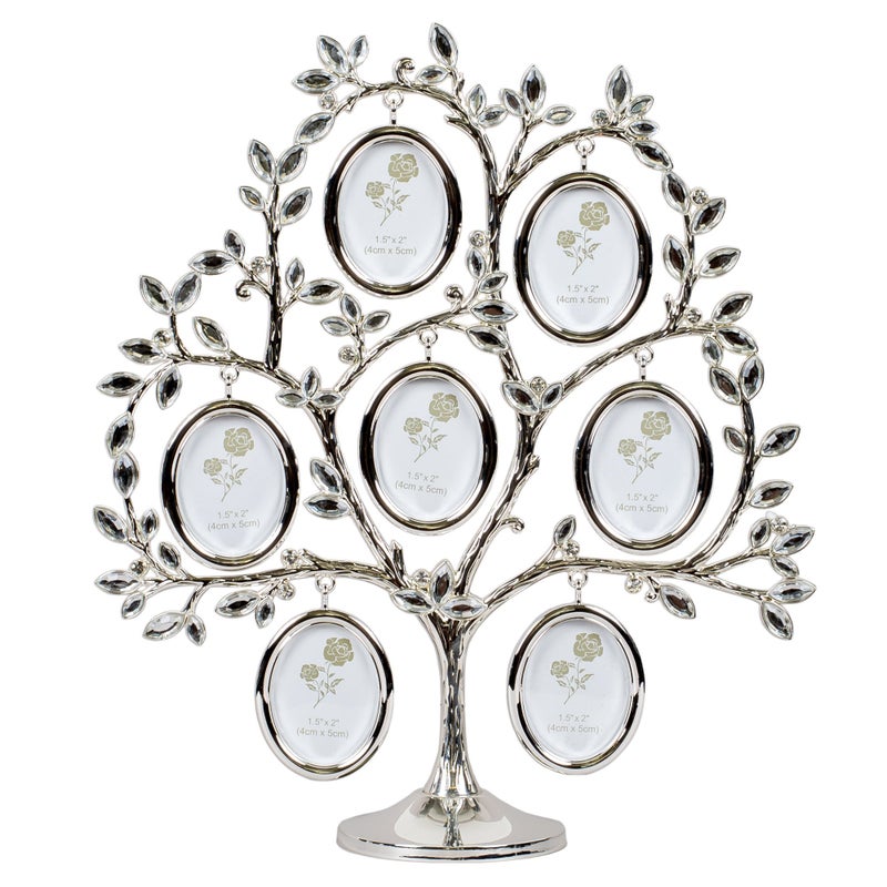 Roman Family Tree Jeweled Silver Finish Metal 11 x 3 Collage Photo Frame Stand - Image 2