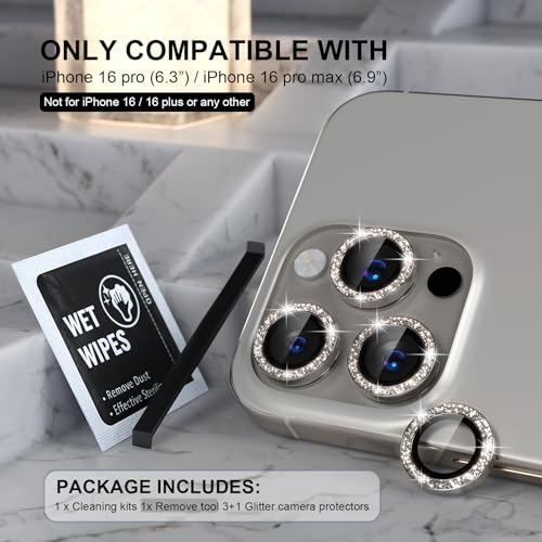 Choiche Compatible for iPhone 16 Pro/iPhone 16 Pro Max Camera Lens Protector Bling, 9H Tempered Glass Camera Cover Screen Protector Metal Ring Decoration Accessories(Glitter-Titanium Natural) - Image 2