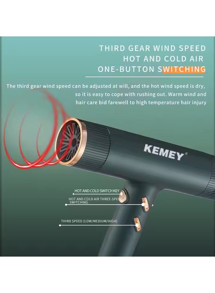 KEMEY High-Speed Negative Ion Hair Dryer | 110,000 RPM Brushless Motor | 1500W | Low Noise | 3-Speed & Hot/Cold Air Settings - Image 5