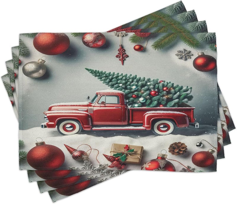 Ambesonne Christmas Place Mats Set of 4 Vintage Red Truck with a Pine Tree and Holiday Season Ornaments Snowy Winter Washable Fabric Placemats for Dining Table Standard Size Grey Teal Ruby - Image 1