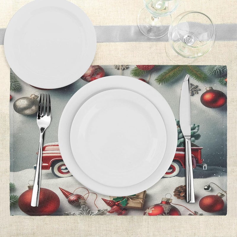 Ambesonne Christmas Place Mats Set of 4 Vintage Red Truck with a Pine Tree and Holiday Season Ornaments Snowy Winter Washable Fabric Placemats for Dining Table Standard Size Grey Teal Ruby - Image 3
