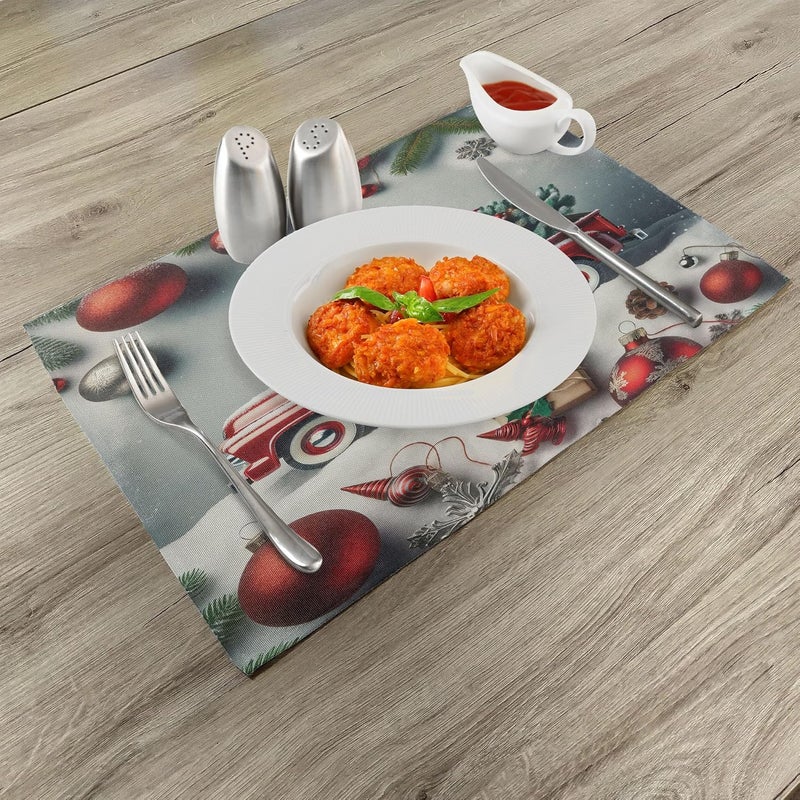 Ambesonne Christmas Place Mats Set of 4 Vintage Red Truck with a Pine Tree and Holiday Season Ornaments Snowy Winter Washable Fabric Placemats for Dining Table Standard Size Grey Teal Ruby - Image 2