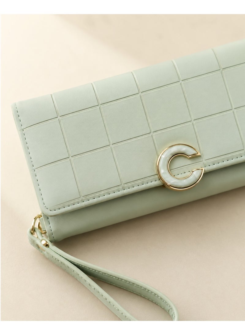 zoba Women's long checkered wallet and clutch featuring a wrist strap and an elegant metal clasp; light green. - Image 4
