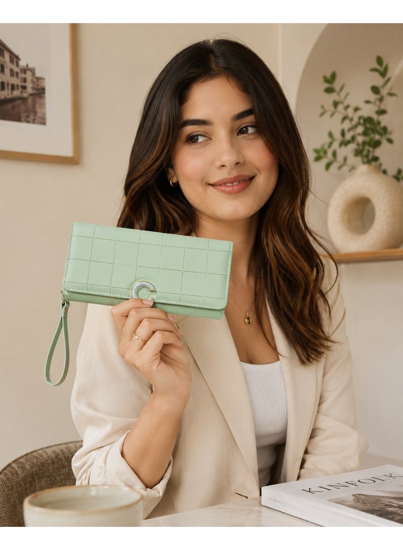 zoba Women's long checkered wallet and clutch featuring a wrist strap and an elegant metal clasp; light green. - Image 5