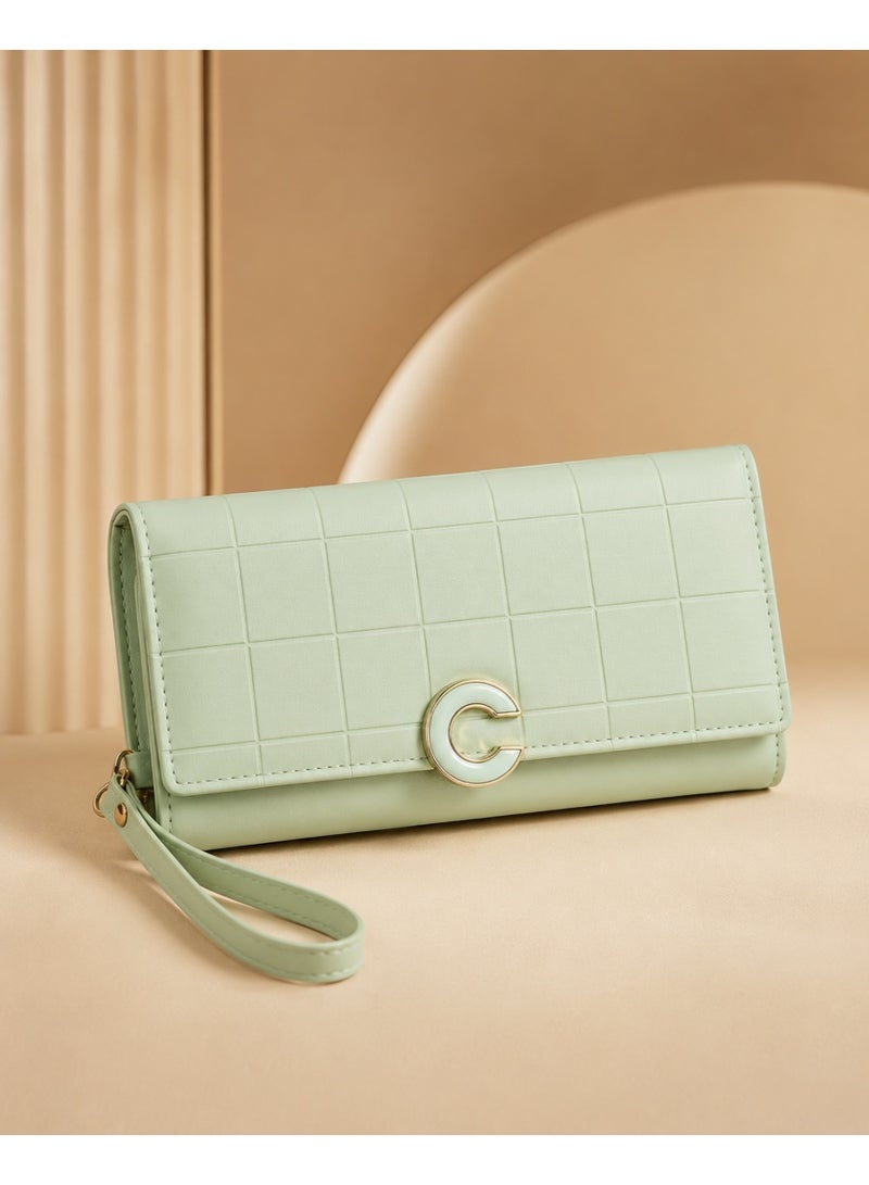 zoba Women's long checkered wallet and clutch featuring a wrist strap and an elegant metal clasp; light green. - Image 3