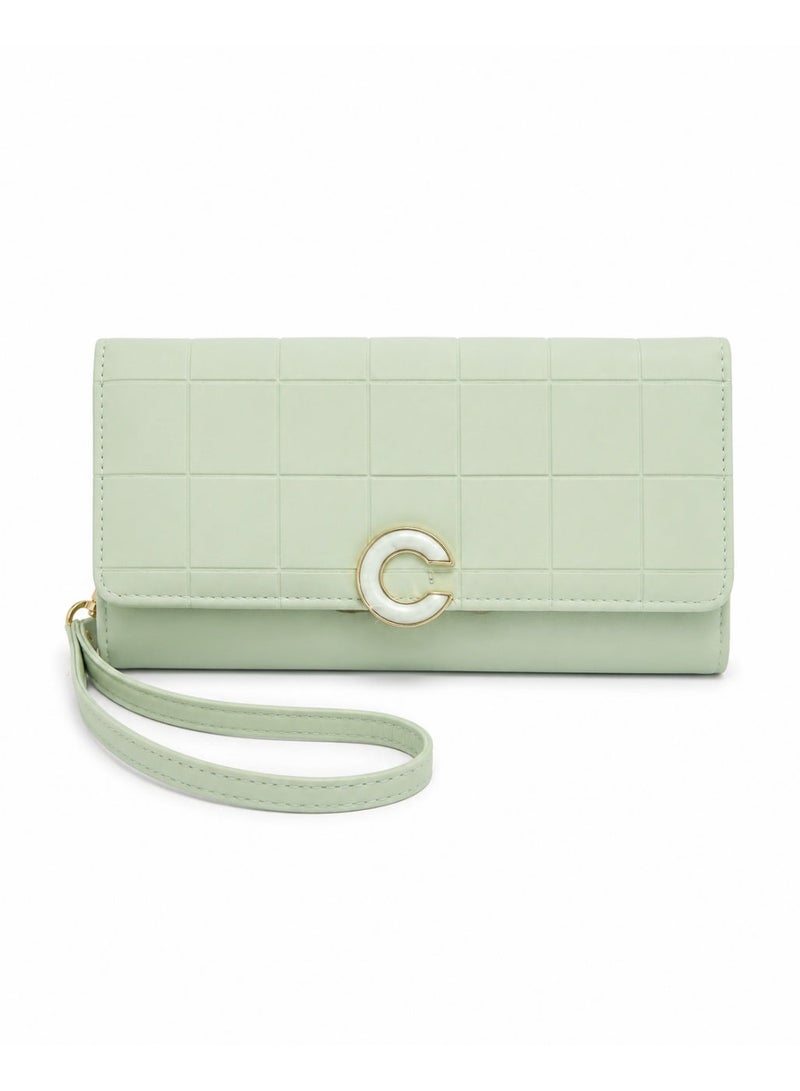 zoba Women's long checkered wallet and clutch featuring a wrist strap and an elegant metal clasp; light green. - Image 1
