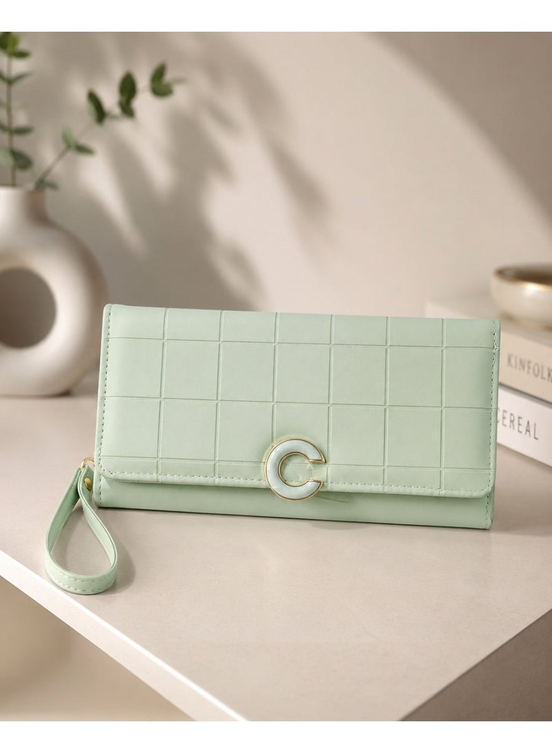 zoba Women's long checkered wallet and clutch featuring a wrist strap and an elegant metal clasp; light green. - Image 2